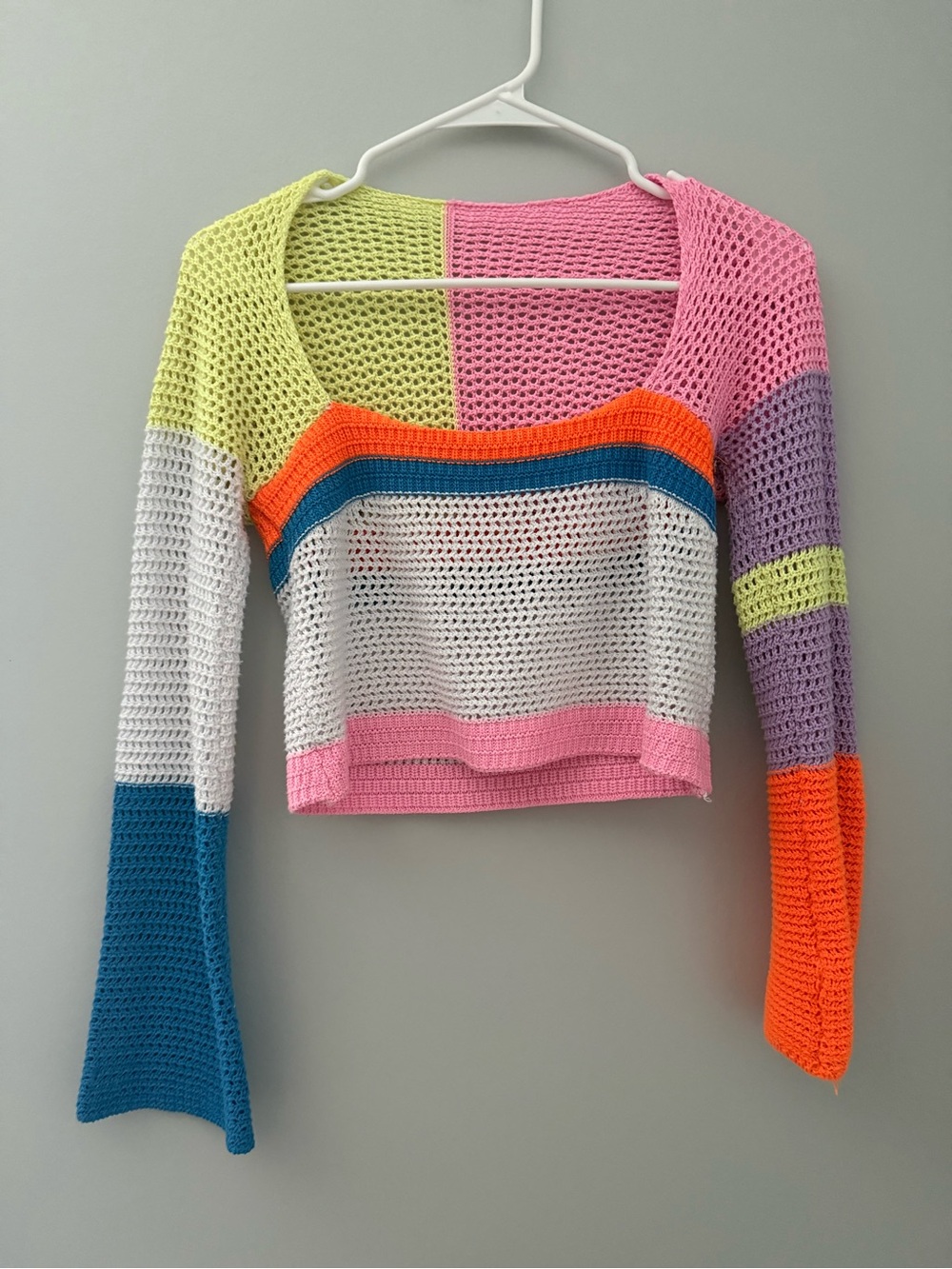 Colorblock Crochet Long Sleeve Crop Top - Multicolor